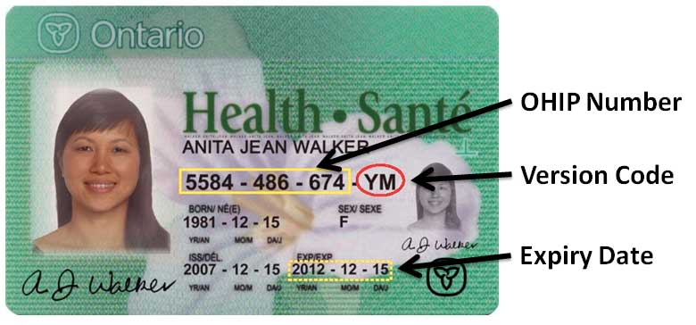 Image of OHIP card with labels showing the number part and version code part